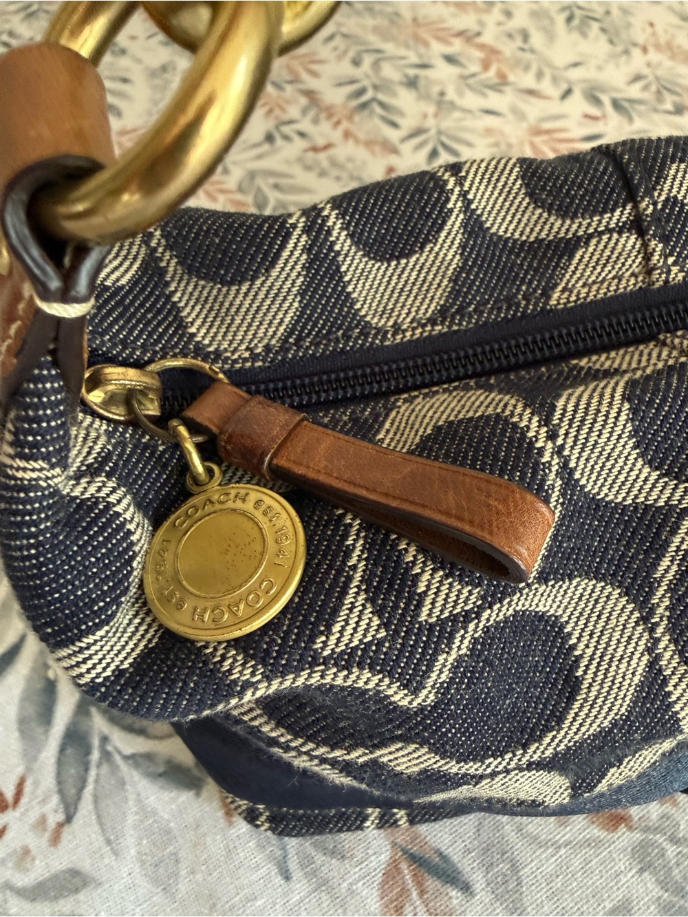 Coach Navy and Khaki Signature Canvas Shoulder Bag with Leather Trim - Picture 9 of 11